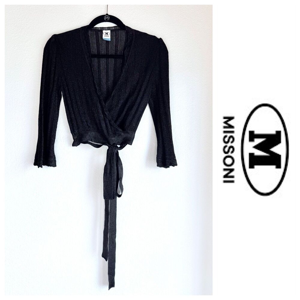 NEW M Missoni Collection Lurex Cropped Rib Knit Wrap Cardigan in Black Size US 6